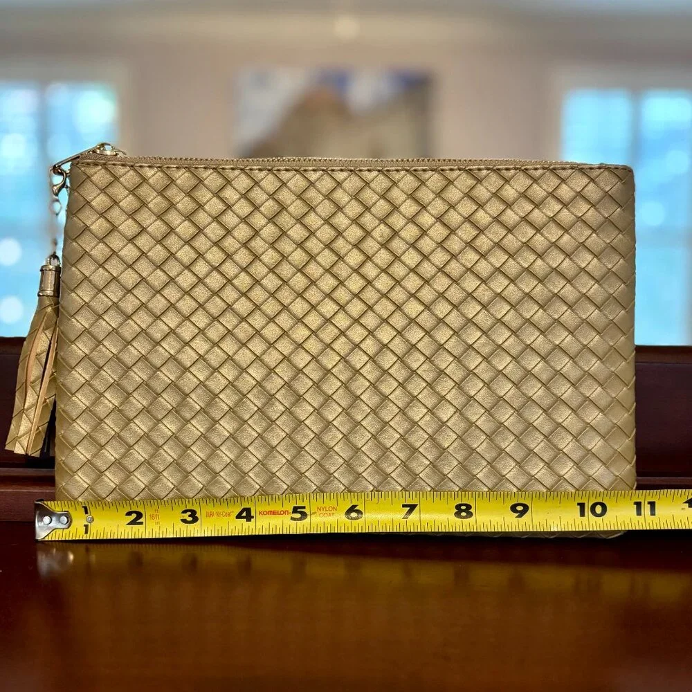 Virginia Wolf Mimi Woven Metallic Gold Clutch Tassel Zip Pouch 11x7